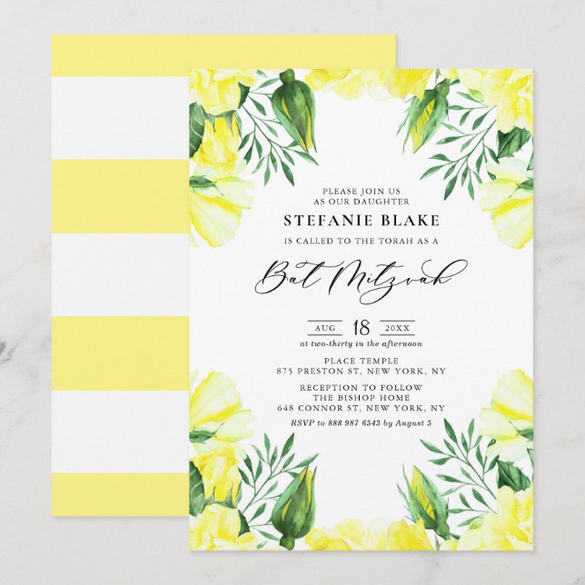 Invitation Aquarelle jaune Rose Bat mitzvah Floral (Devant / Derrière)