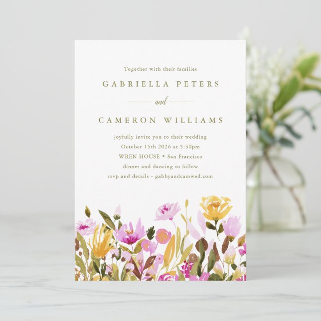 Invitation Aquarelle jaune rose blanche Mariage floral (Debout devant)
