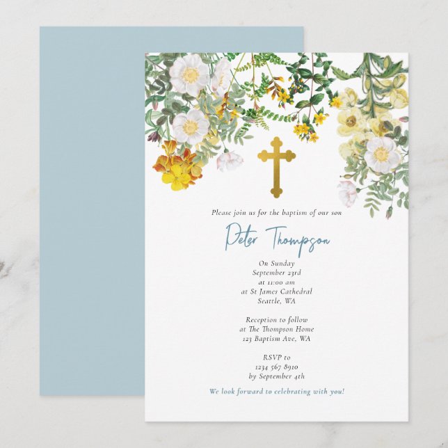 Invitation Aquarelle jaune Rose Fleur Jardin Garçon Baptême (Devant / Derrière)