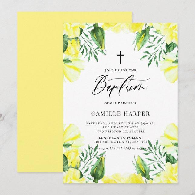 Invitation Aquarelle jaune Roses Garland Baptême (Devant / Derrière)