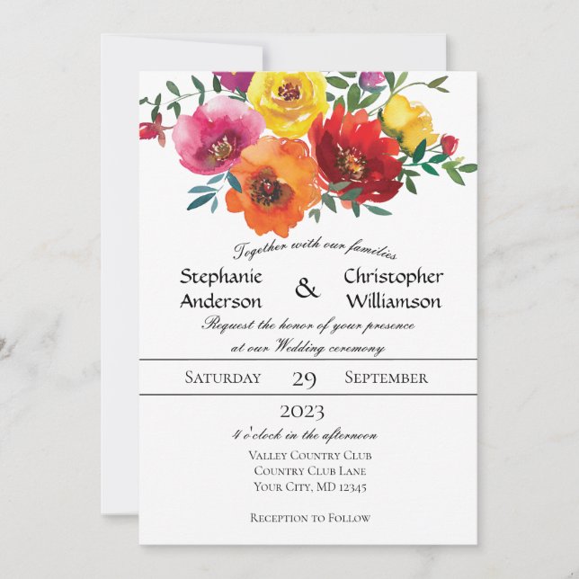 Invitation Aquarelle jaune rouge rose Mariage de verdure fleu (Devant)