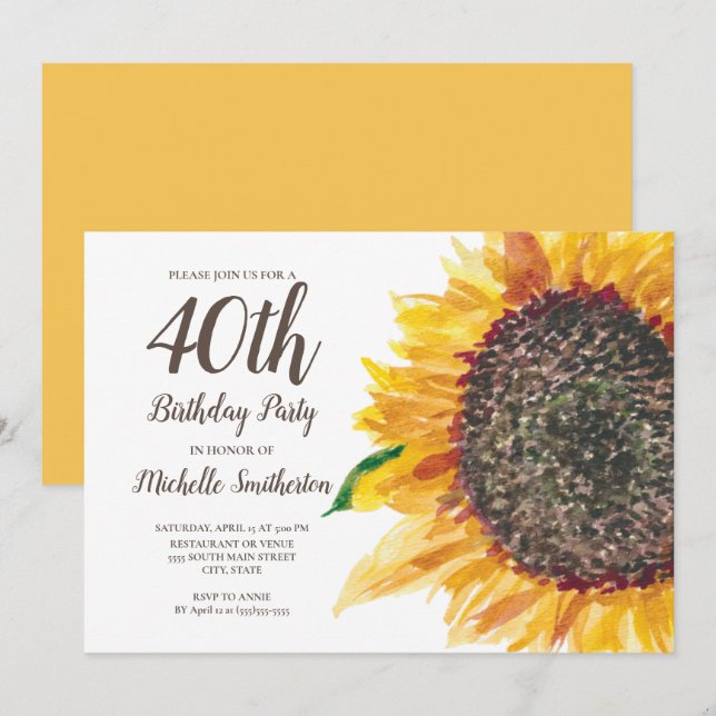 Invitation Aquarelle jaune tournesol 40e anniversaire femmes (Devant / Derrière)