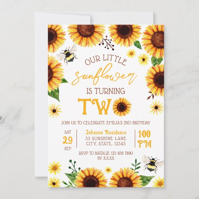 Invitation Aquarelle jaune Tournesol Deux ans Anniversaire (Devant)
