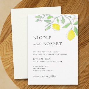 Invitation Aquarelle jaune vert citrons et Mariage Feuille