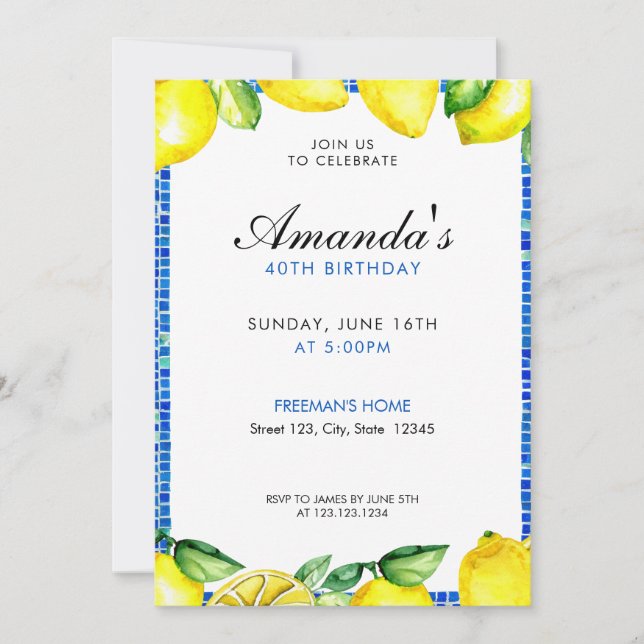 Invitation Aquarelle jaune vibre Citron 40e anniversaire (Devant)