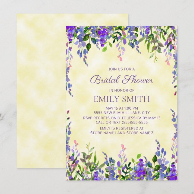 Invitation Aquarelle jaune violet Fête des mariées florale (Devant / Derrière)