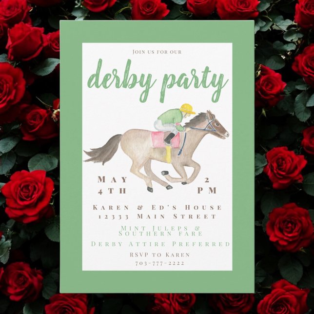 Invitation Aquarelle Jockey Derby Party Horse Course verte (Créateur téléchargé)