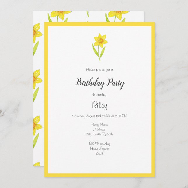 Invitation Aquarelle jonquille 2 et Motif (Devant / Derrière)