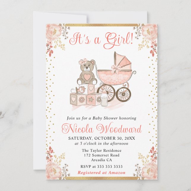 Invitation Aquarelle Jouets de fille rose et Baby shower de P (Devant)