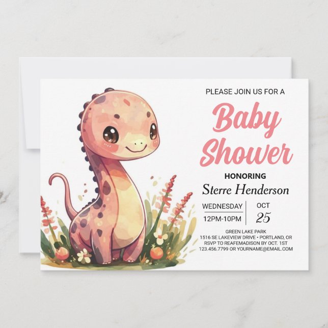 Invitation Aquarelle Joyeux Boho Dinosaur Baby shower fille (Devant)
