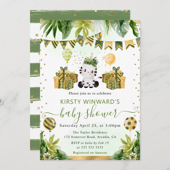 Invitation Aquarelle Jungle Baby shower Zebra (Devant / Derrière)
