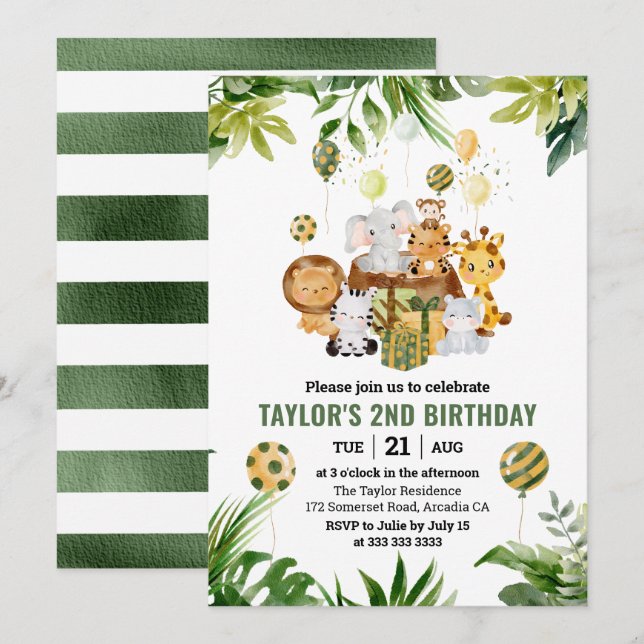 Invitation Aquarelle Jungle Safari Animaux Anniversaire de en (Devant / Derrière)