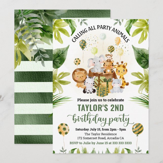 Invitation Aquarelle Jungle Safari Animaux Anniversaire de en (Devant / Derrière)