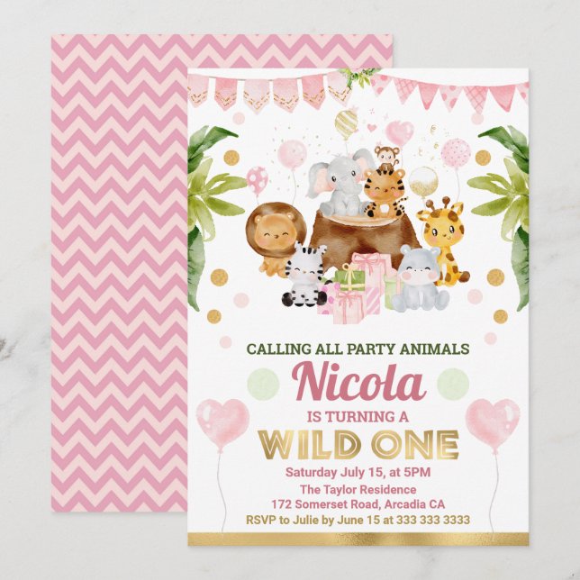 Invitation Aquarelle Jungle Safari Animaux Filles Anniversair (Devant / Derrière)