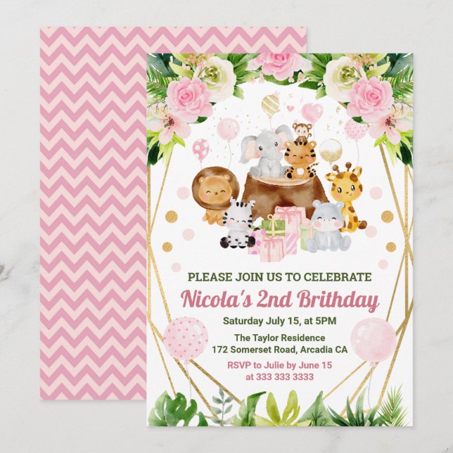 Invitation Aquarelle Jungle Safari Animaux Filles Anniversair (Devant / Derrière)