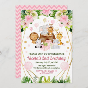 Invitation Aquarelle Jungle Safari Animaux Filles Anniversair