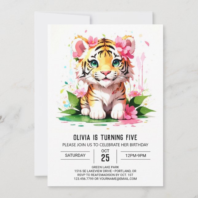 Invitation Aquarelle Jungle Tiger Girl Anniversaire (Devant)