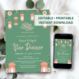 Invitation Aquarelle Lanternes Roses et Vert Sauge pour Iftar
