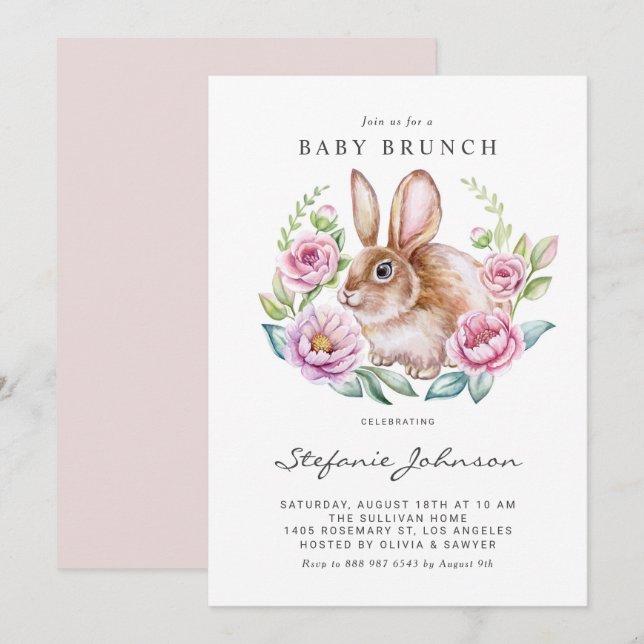 Invitation Aquarelle Lapin et Fleurs roses Bébé Brunch (Devant / Derrière)