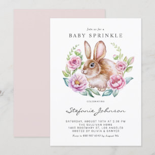 Invitation Aquarelle Lapin et Fleurs roses Bébé Parsemer