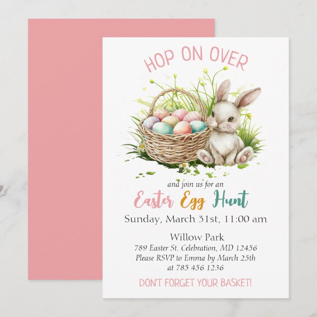Invitation Aquarelle lapin + panier|Chasse aux oeufs de Pâque (Devant / Derrière)