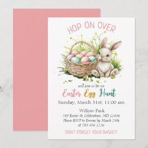 Invitation Aquarelle lapin + panier Chasse aux oeufs de Pâque