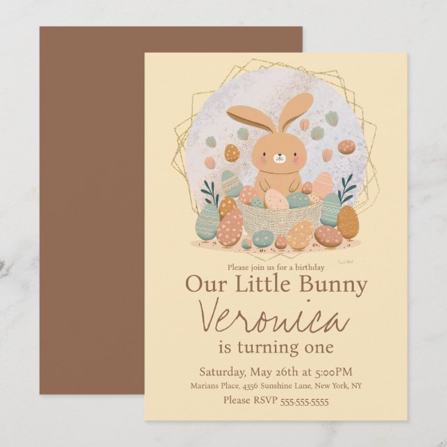 Invitation Aquarelle Lapin Pâques Panier Oeufs Anniversaire (Devant / Derrière)