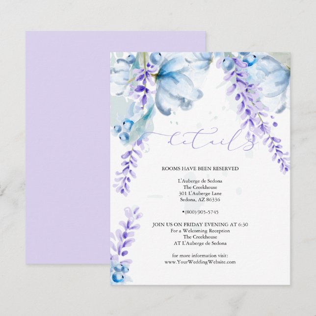 Invitation Aquarelle Lavande bleu Dusty Fleurs sauvages (Devant / Derrière)