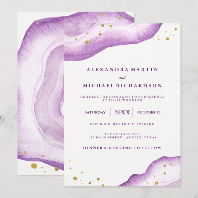 Invitation Aquarelle Lavande et Gold Geode Mariage II (Devant / Derrière)