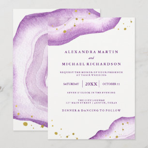 Invitation Aquarelle Lavande et Gold Geode Mariage II