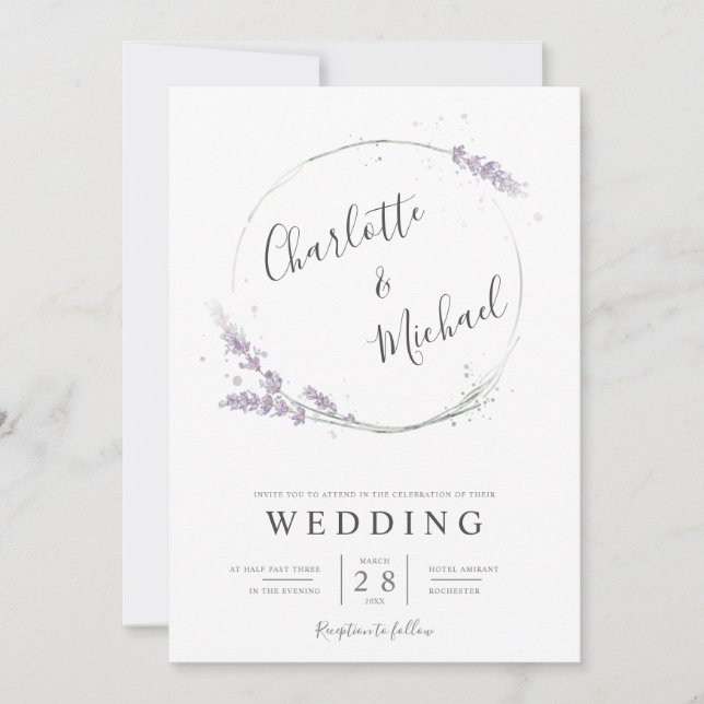 Invitation Aquarelle lavande fleurs mariage (Devant)