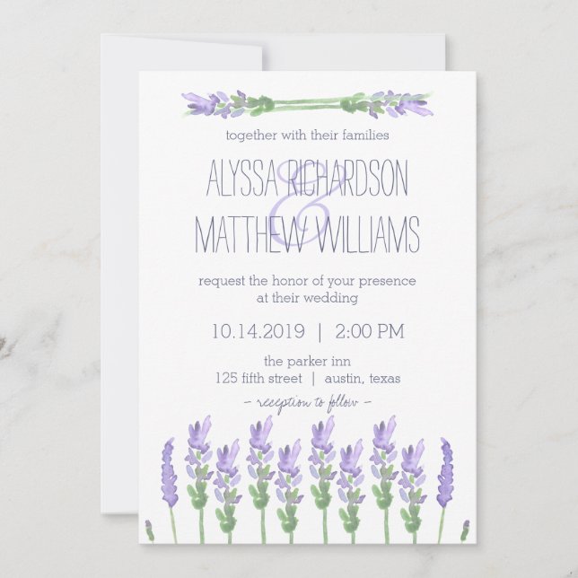 Invitation Aquarelle Lavande française sur Mariage blanc (Devant)