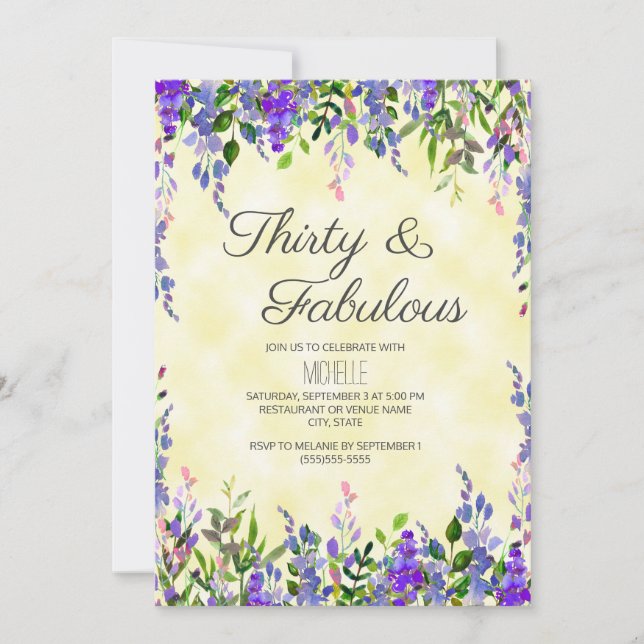 Invitation Aquarelle Lavande Jaune 30 & Fabuleux anniversaire (Devant)