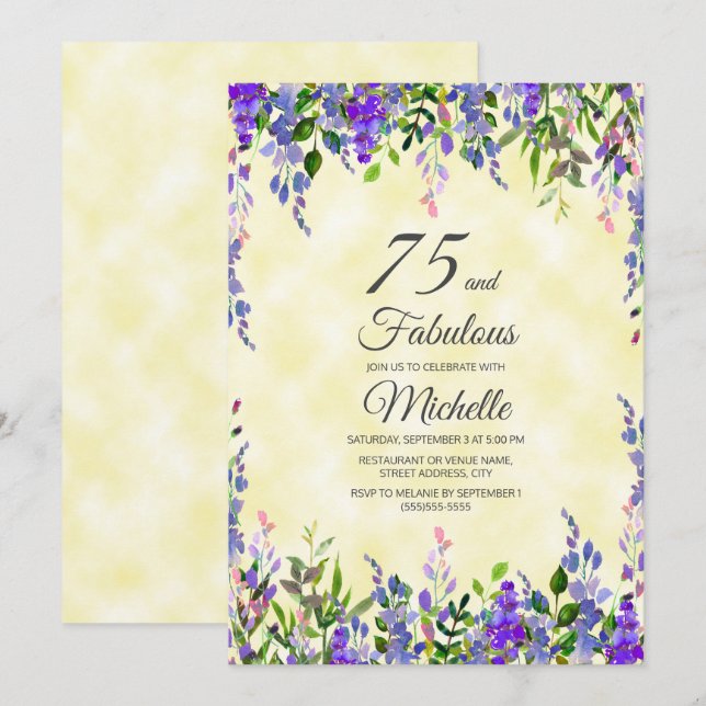 Invitation Aquarelle Lavande Jaune 75 & Fabuleux anniversaire (Devant / Derrière)
