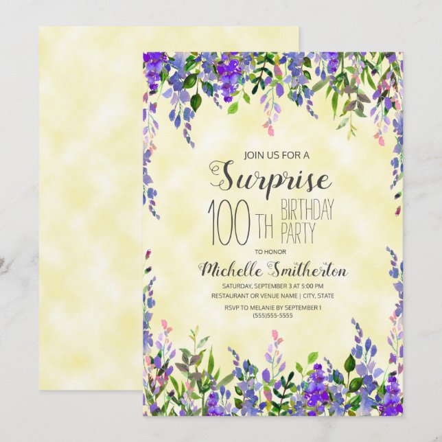Invitation Aquarelle Lavande Jaune Surprise 100e anniversaire (Devant / Derrière)