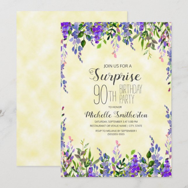 Invitation Aquarelle Lavande Jaune Surprise 90e anniversaire (Devant / Derrière)