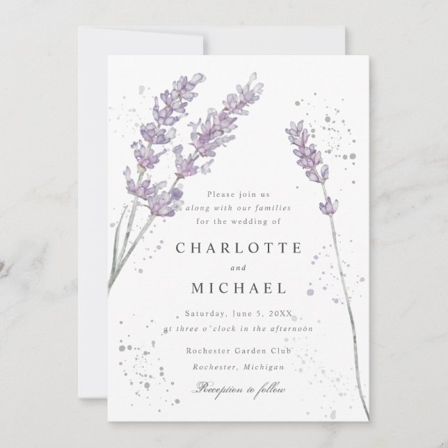 Invitation Aquarelle lavande spatter mariage élégant (Devant)