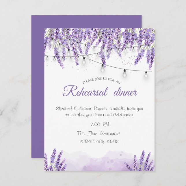 Invitation Aquarelle Lavander LightsDîner de répétition (Devant / Derrière)
