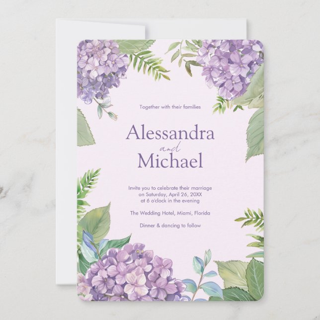 Invitation Aquarelle Lavender Hydrangea Fern Feuille Mariage (Devant)