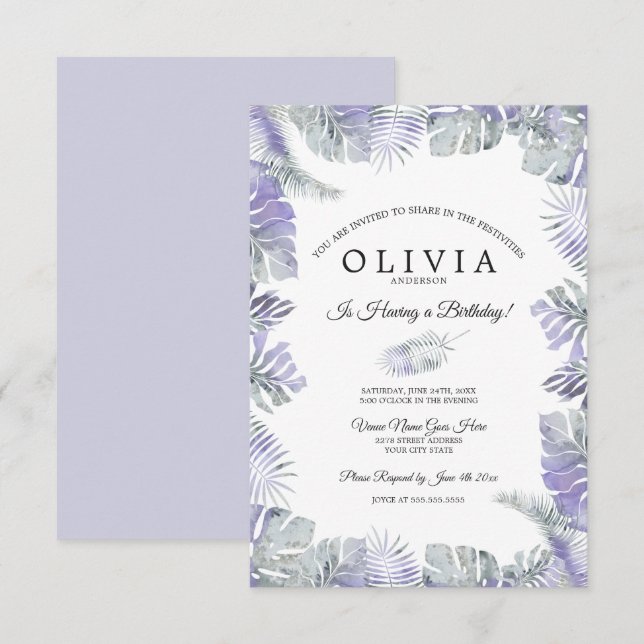 Invitation Aquarelle Lavender Mist Feuilles tropicaux Anniver (Devant / Derrière)