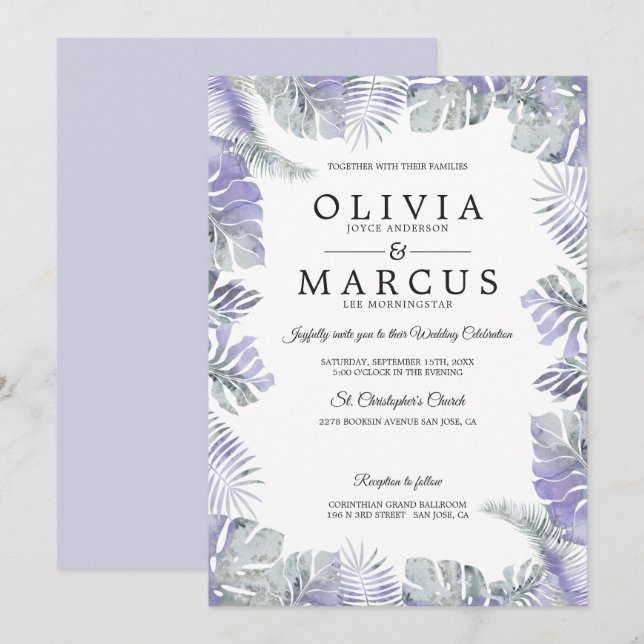 Invitation Aquarelle Lavender Mist Tropical Feuilles Mariage (Devant / Derrière)