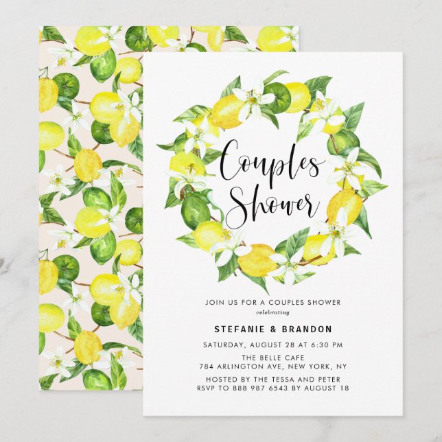 Invitation Aquarelle Lemon Blossom Wreath Couples Douche (Devant / Derrière)
