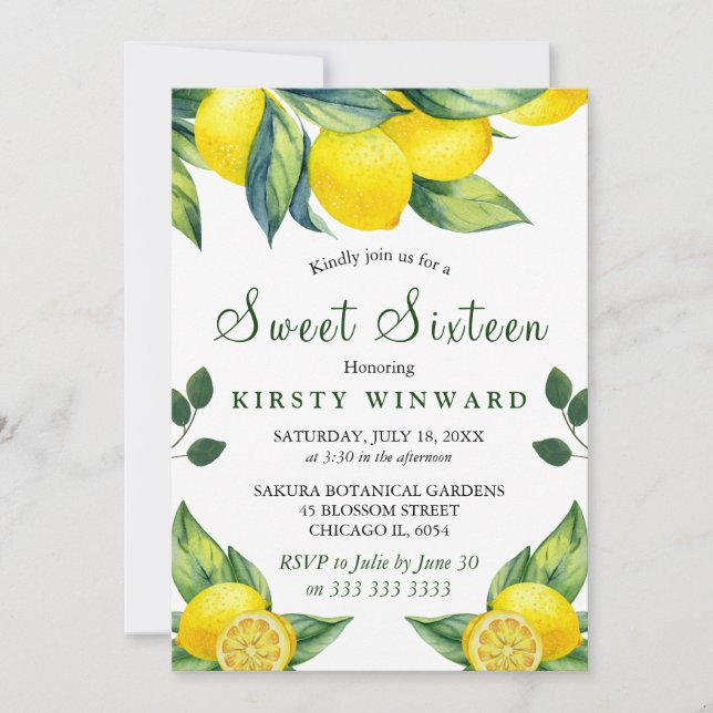 Invitation Aquarelle Lémon Floral Sweet 16 (Devant)