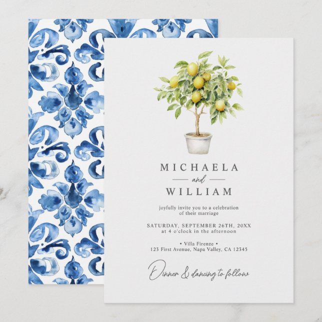 Invitation Aquarelle Lemon Tree & Mariage Carrelage méditerra (Devant / Derrière)