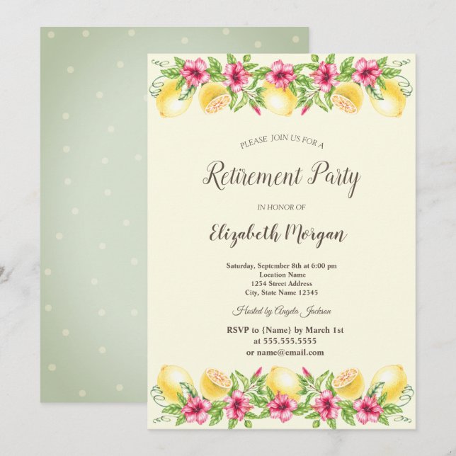 Invitation Aquarelle Lemons Botanique Dots Retraite (Devant / Derrière)