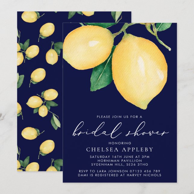 Invitation Aquarelle Lemons et Fête des mariées marine (Devant / Derrière)