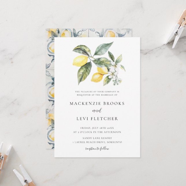 Invitation Aquarelle Lemons Folio Mariage méditerranéen (Devant/Arrière en situation)