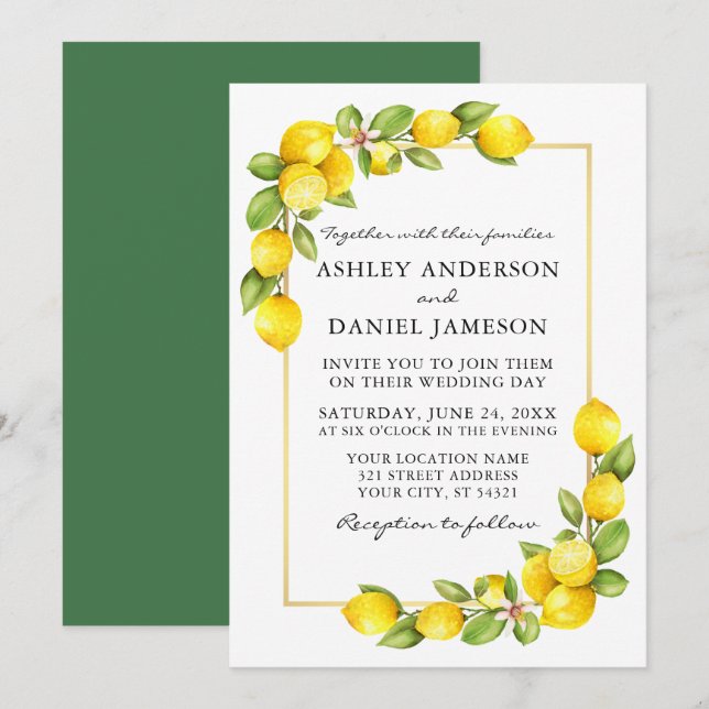 Invitation Aquarelle Lemons Gold Frame Mariage (Devant / Derrière)
