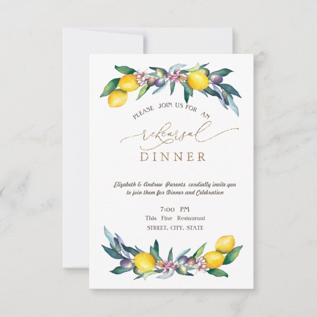 Invitation Aquarelle Lémons Olives Dîner de répétition (Devant)