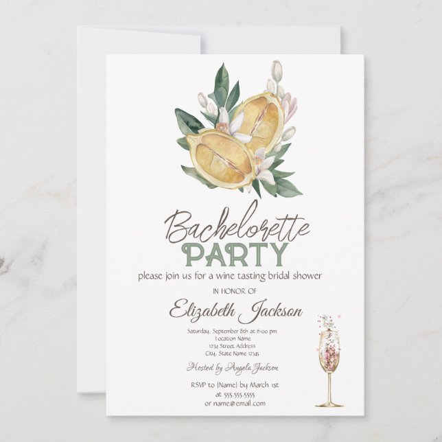 Invitation Aquarelle Lemons Verre Botanique Bachelorette (Devant)